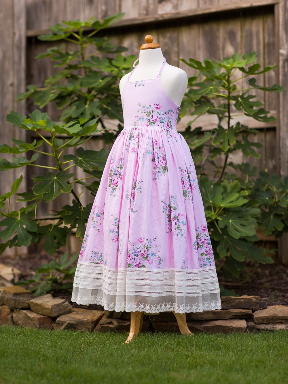 Vintage inspired girl's cottagecore pink floral halter sundress 8